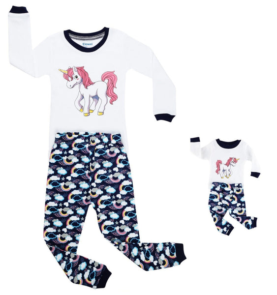 Elowel Matching Girl & Doll Unicorn 2 Piece Pajamas 100% Cotton (2-10 Years)