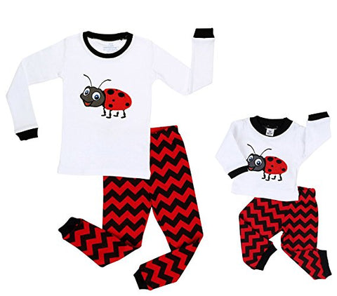 Elowel Ladybird (Ladybug) Matching Girl & Doll 2 Piece Pajamas 100% Cotton (2-10 Years)