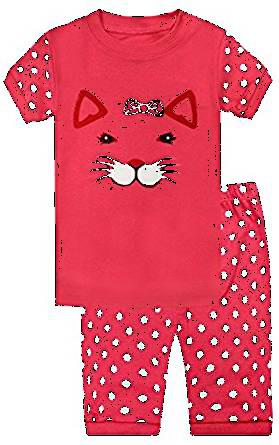 Elowel Girls Shorts Cat Face 2 Piece Pajamas Set 100% Cotton (Size Toddler-10 Year)