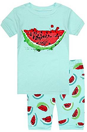 Elowel Girls Shorts Watermelon 2 Piece Pajamas Set 100% Cotton (Size Toddler-10 Year)