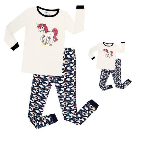 Elowel Matching Girl & Doll Unicorn 2 Piece Pajamas 100% Cotton (2-10 Years)